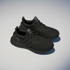Black Adidas ULTRABOOST 1.0 sneakers on a white surface with a gray background