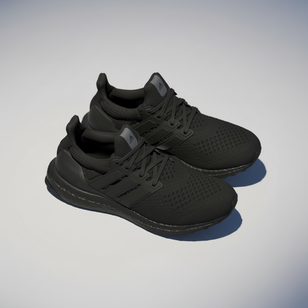 Black Adidas ULTRABOOST 1.0 sneakers on a white surface with a gray background