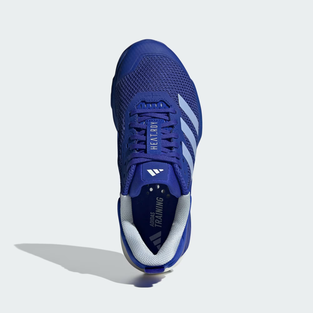 Adidas Dropset 3 ID8636 - Front 3/4 Hero Shot on Light Grey Background in Lucid Blue/Blue Spark Met./Chalk White showing HEAT.RDY Engineered Knit Upper, Blue Spark Metallic Three Stripes on Lateral Midfoot, Structured Lucid Blue Heel Counter, Perforated Lace Eyelets, White Collar Lining, Adidas Badge on Tongue & Dual Density Blue Midsole
