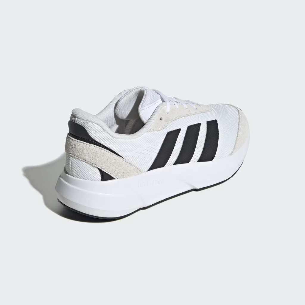 Adidas Lightshift JH9317 - Clean Lateral Profile in Cloud White/Core Black showing Full Silhouette, Bold Black Three Stripes, Suede Heel Overlay & Chunky White Lightmotion Midsole