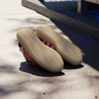 Adidas Barreda Decode JP9667 - Rear Heel Pair Shot on Concrete showing Off White Leather Upper, Pure Ruby Heel Tab with Adidas Script, Dark Blue Suede Heel Counter & Translucent Gum Midsole