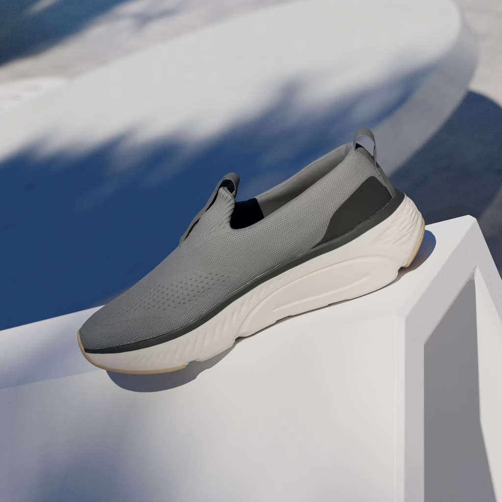 Adidas Cloudfoam Go Lounger ID4021 - Clean Lateral Single Shot on White Cube in Grey Three showing Slip-On Knit Upper, Elasticated Collar, Dark Grey Heel Counter, Pull Tab & Chunky Off White Midsole with Gum Outsole Edge