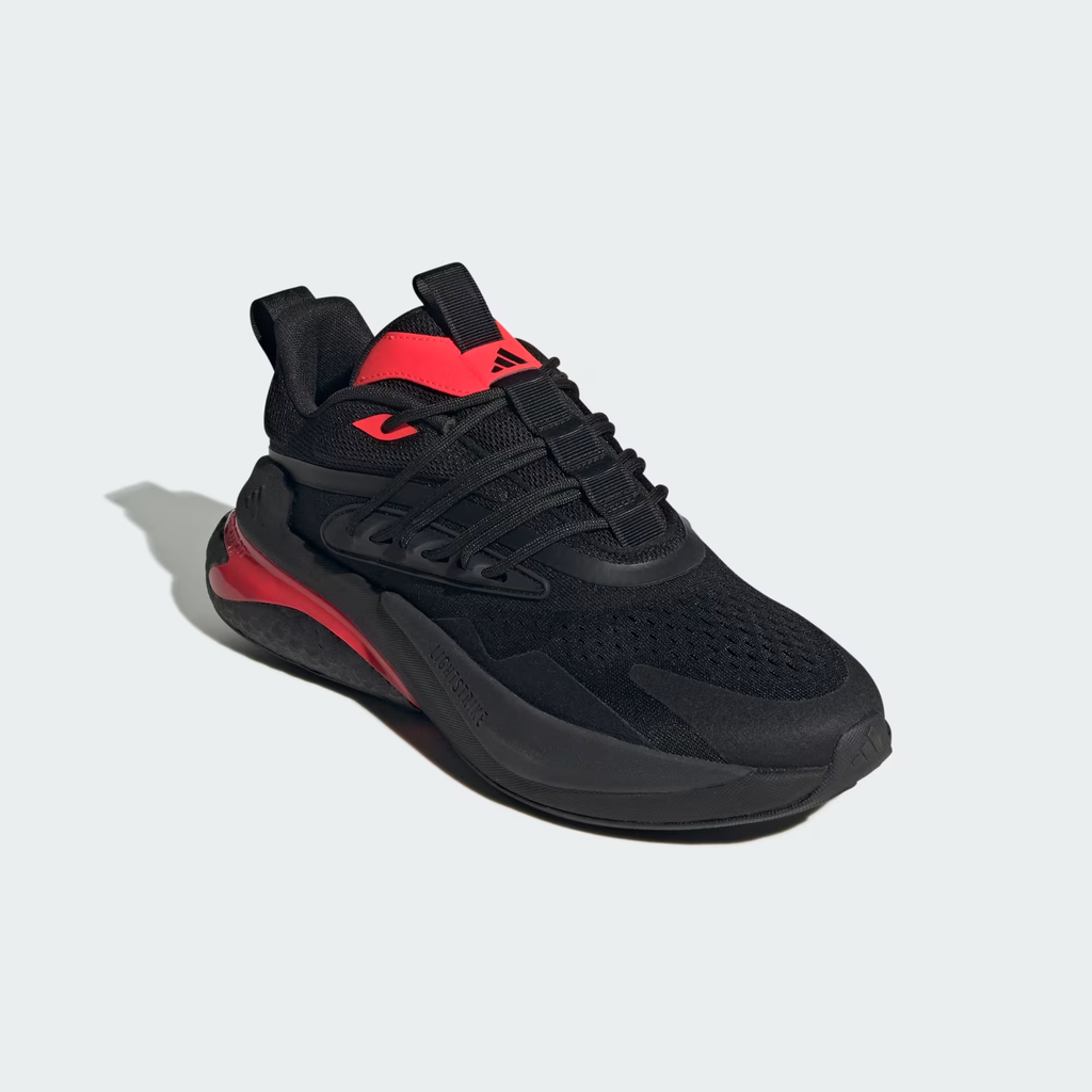 Adidas Alphaboost V2 JH6957 - Rear Heel Shot showing LIGHTRUN Text, FORMOTION Red Pod, Three Adidas Stripes & Red Collar