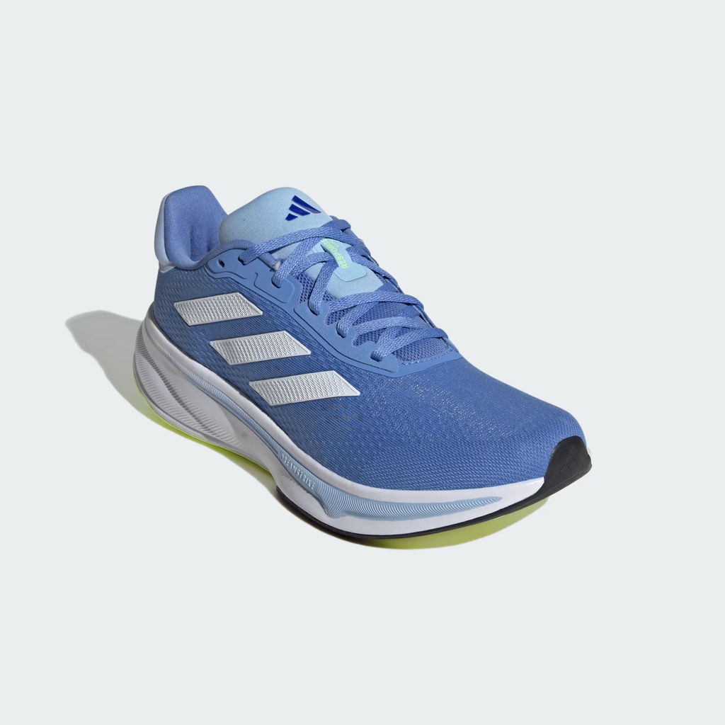 Adidas Response Super JQ2527 - Rear 3/4 Shot showing Blue Fusion Engineered Mesh Upper, Bold White Three Stripes on Lateral, Light Blue Padded Collar & White Midsole with Glow Blue Outsole