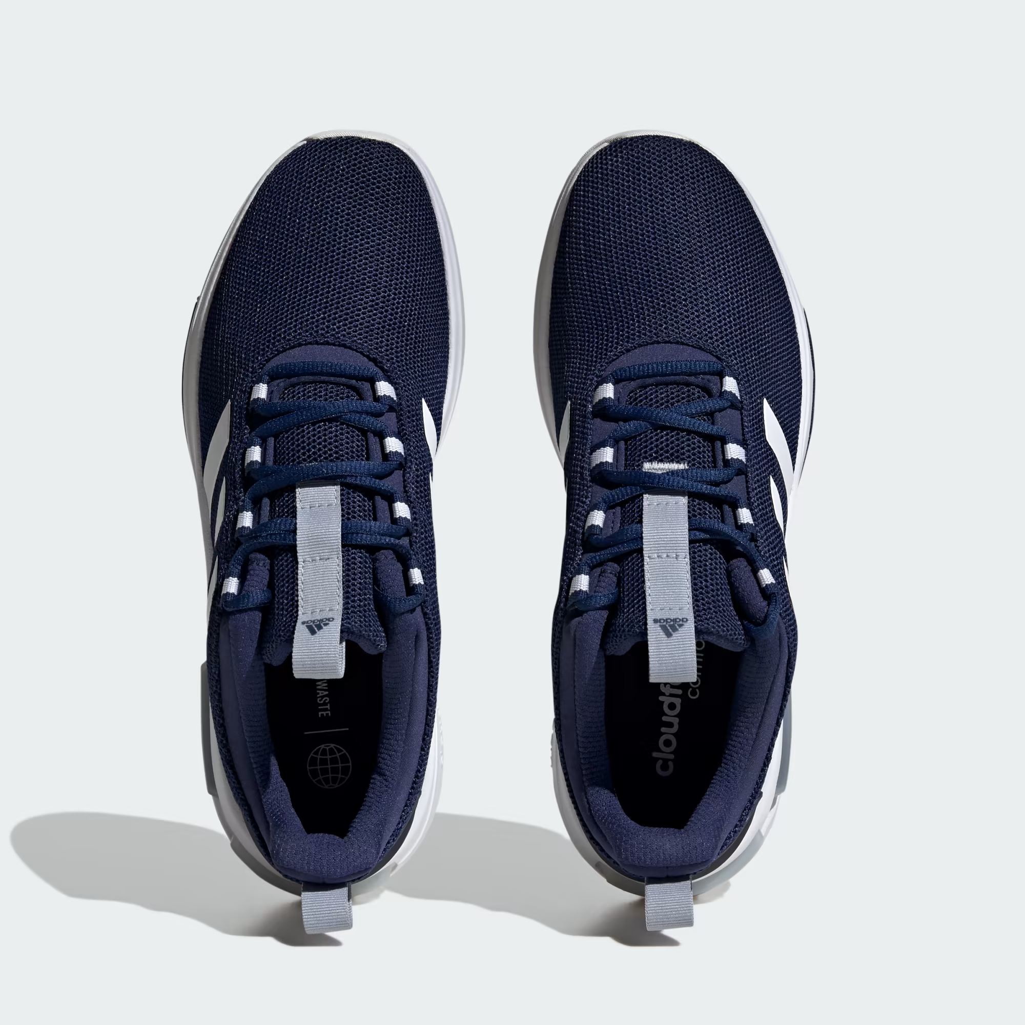 Adidas Racer TR23 IG7325 - Outsole Top-Down showing White Linear Traction Pattern & Navy Rubber Heel Pod with Adidas Logo