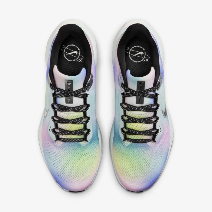 Nike Pegasus 41 SE HJ7816-400 - Front 3/4 Pair Shot showing AIR ZOOM Midsole Text & Full Iridescent Gradient