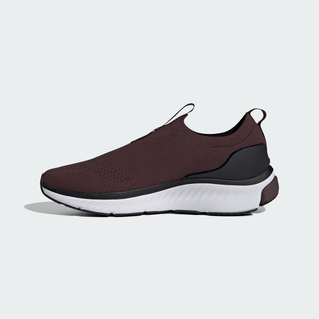Adidas Cloudfoam Walk Sock ID4063 - Heel & Midsole Close-up showing Shadow Brown Engineered Knit Texture, Rear Pull Tab, Core Black Heel Counter, Cloud White Three Stripes Base, Cloudfoam Walk Badge on Shadow Brown Midsole Rear, Honeycomb Traction Pad & Black Rubber Outsole
