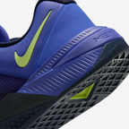 Nike Metcon 10 HJ1875-501 - Medial Forefoot Close-up showing Persian Violet Engineered Mesh Texture, Obsidian Forefoot Wrap with Rope Climb Texture, Metcon Strap with Lemon Twist Logo, Persian Violet Midsole & Diamond-Pattern Obsidian Rubber Outsole