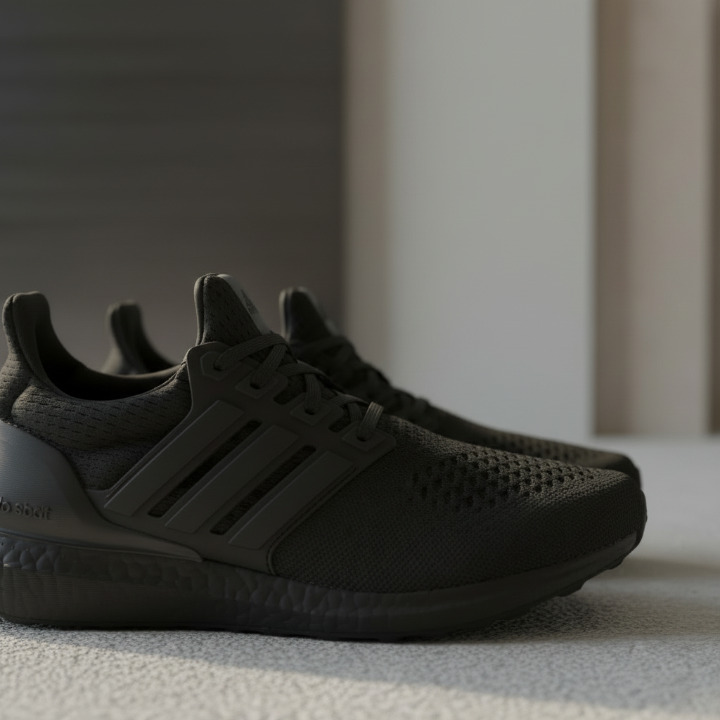 Black Adidas ULTRABOOST 1.0 sneakers on a colorful background