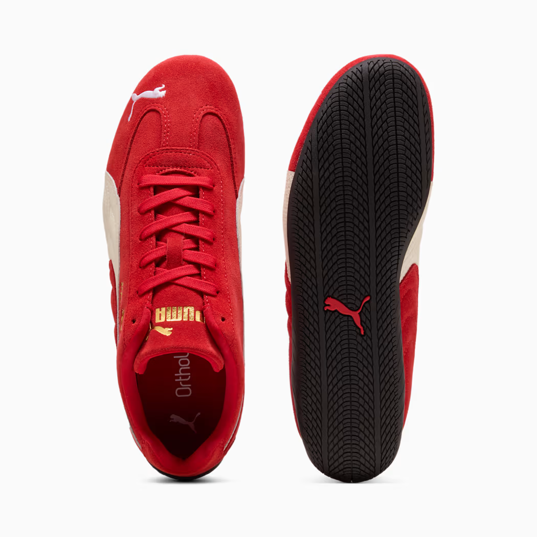 PUMA Speedcat 406329_02 - Top-Down & Outsole Pair Shot on White Background showing Red Suede Upper with White PUMA Cat on Toe Box, Gold PUMA Wordmark, Ortholite Insole Branding, Red Flat Laces & Black Tyre-Tread Rubber Outsole with Red PUMA Cat