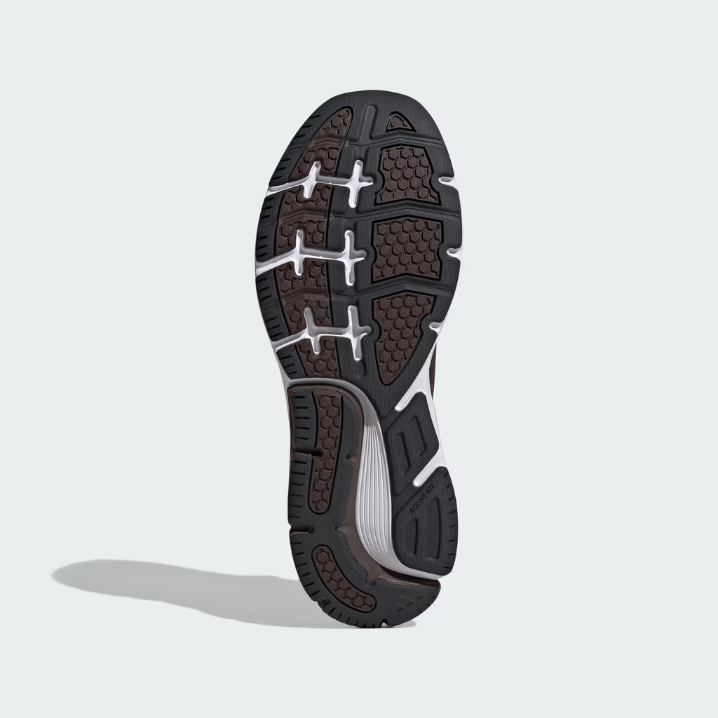 Adidas Cloudfoam Walk Sock ID4063 - Front 3/4 Hero Shot on Light Grey Background in Shadow Brown/Core Black/Cloud White showing Shadow Brown Engineered Knit Upper, Cloud White Three Stripes on Lateral Midfoot, Laceless Wide-Opening Collar, Front & Rear Pull Tabs, Core Black Heel Counter, Cloud White Cloudfoam Walk Midsole & Black Rubber Outsole