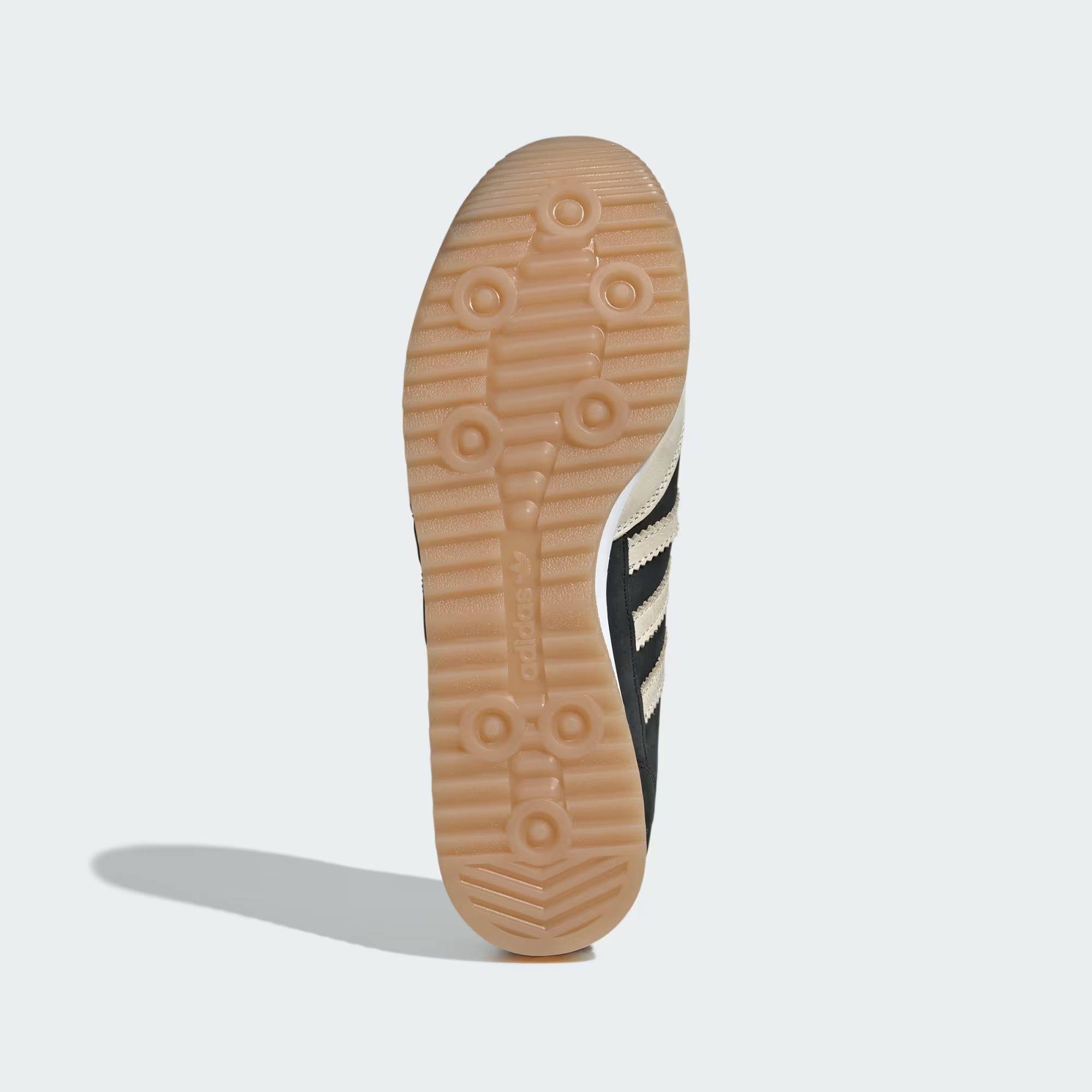 Adidas SL 72 RS JS3994 - Front 3/4 Shot in Core Black/Cream White/Gum showing Nylon & Suede Upper, Gold SL 72 Branding, Cream Three Stripes, Blue Trefoil Tongue Tab & White Midsole with Gum Outsole