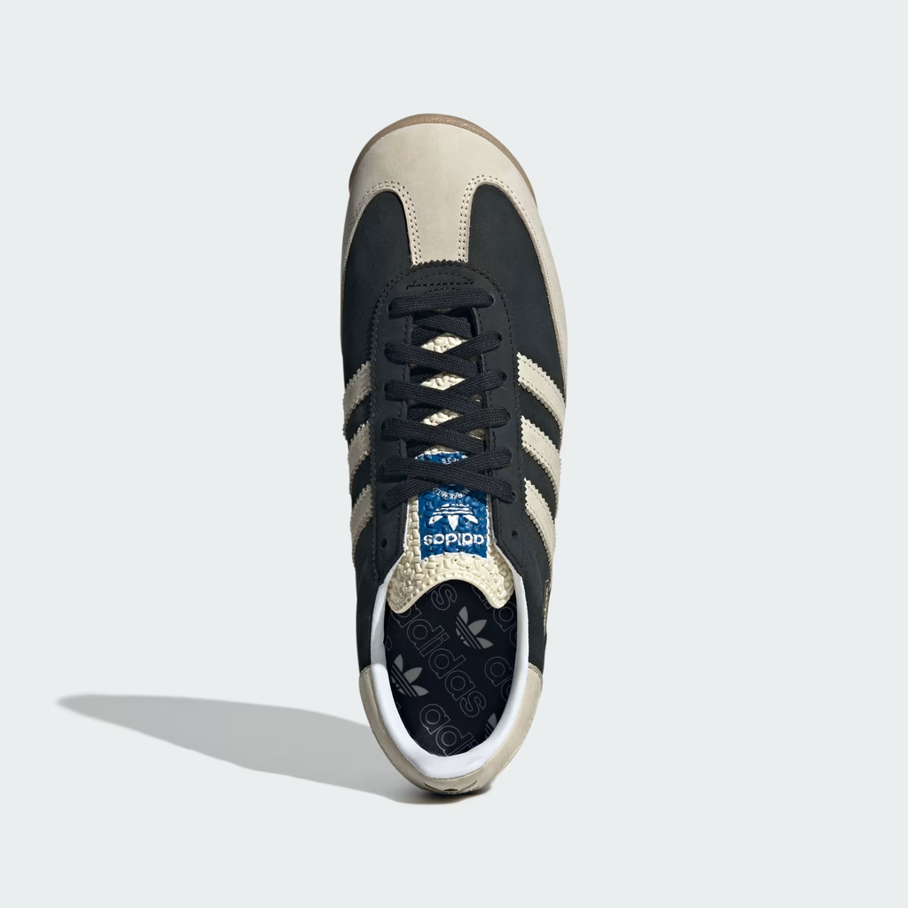 Adidas SL 72 RS JS3994 - Outsole Top-Down showing Full Gum Rubber Traction Pattern with Circular Pods, Cream White Insole & Black Three Stripes Visible Through Translucent Gum