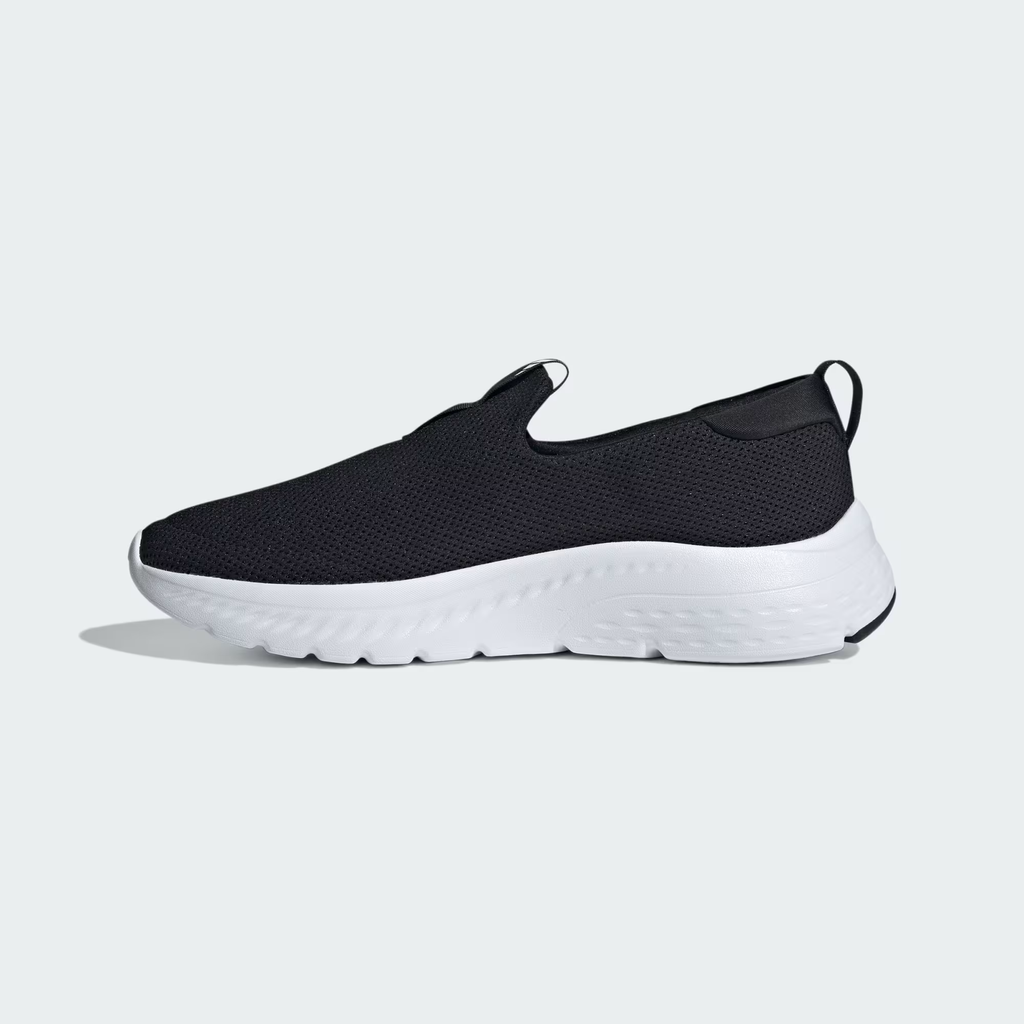 Adidas Cloudfoam Move Lounger ID6512 - Heel & Cloudfoam Walk Badge Close-up showing Core Black Perforated Mesh Texture, Rear Pull Tab, Hi-Res Yellow-Green Cloudfoam Walk Pill Badge on White Midsole, Textured Foam Sidewall & Black Rubber Outsole