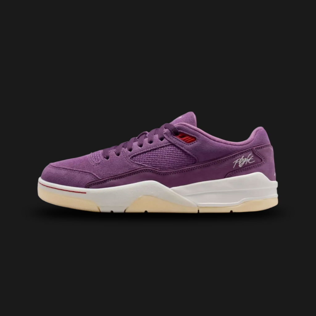 Jordan Flight Court lifestyle shoes in Vintage Purple, Muslin, Varsity Red, and Sail (Design Code: HF3255-500). Featuring a premium, layered upper combining rich Vintage Purple suede with breathable Muslin textile panels. Accented by bold Varsity Red details and classic Jordan branding, all resting on a thick, comfortable Sail foam midsole and durable rubber outsole for an elevated, vintage streetwear style. Luxuntique offers 100% authentic Air Jordan sneakers at the lowest price in Sri Lanka.