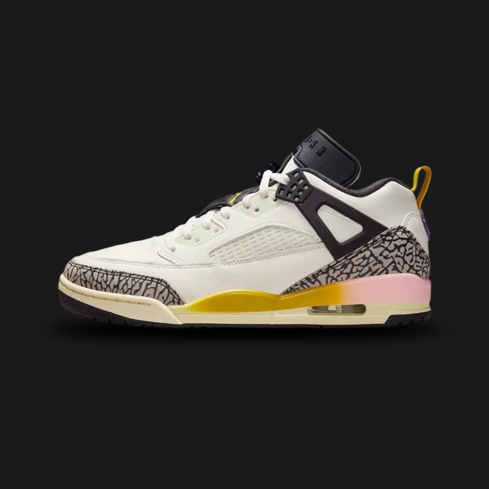 Jordan Spizike Low shoes in Sail, Oil Grey, Muslin, and Dark Sulphur (Design Code: FQ1759-107). Featuring a premium leather upper in creamy Sail with classic Oil Grey elephant print overlays and vintage-style Muslin accents. A hybrid silhouette fusing iconic elements from the AJ3, AJ4, AJ5, and AJ6, finished with subtle Dark Sulphur branding. Luxuntique offers 100% authentic Jordan lifestyle sneakers at the lowest price in Sri Lanka.