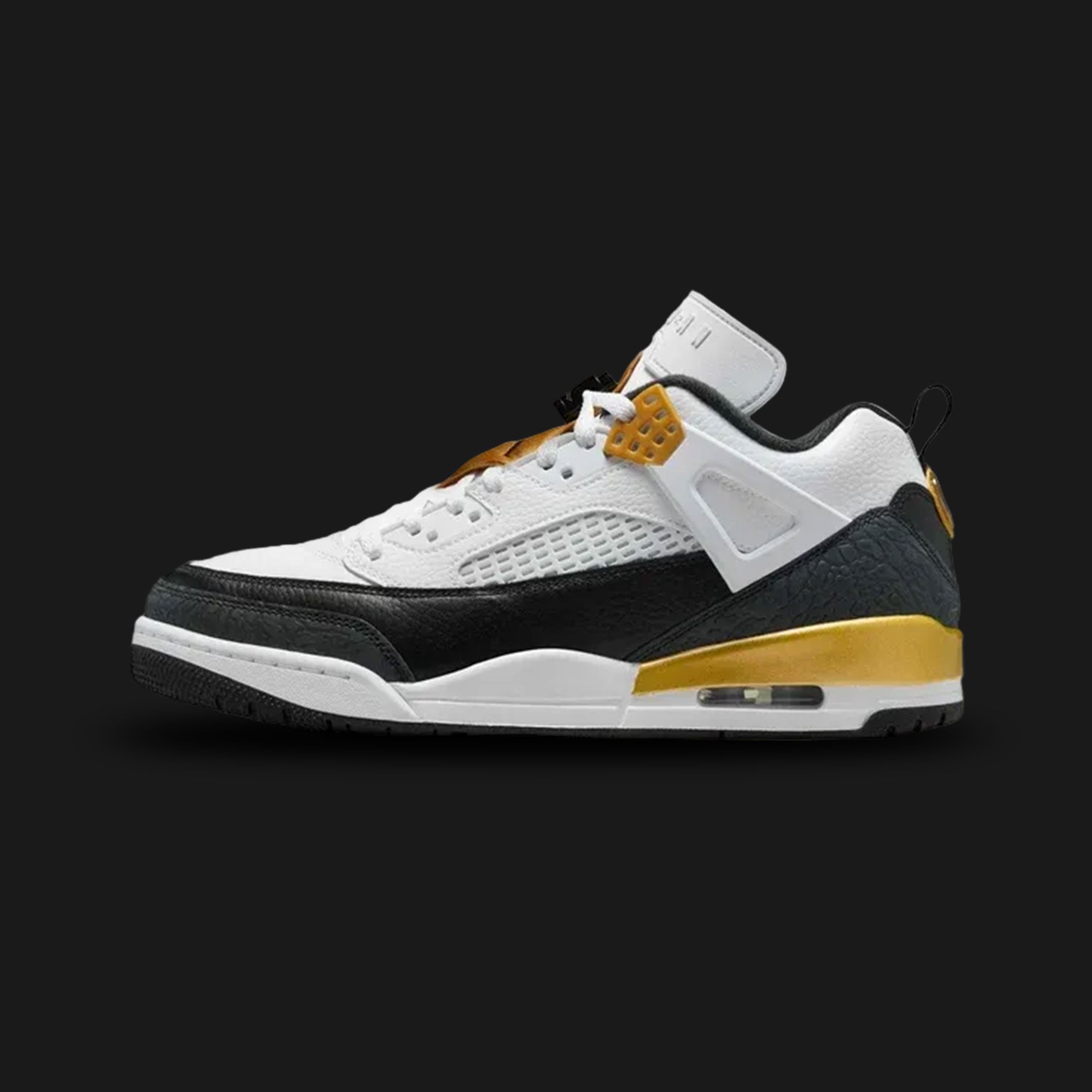 Jordan Spizike Low shoes in White, Metallic Gold, and Black (Design Code: FQ1759-108). Featuring a crisp White leather upper with luxurious Metallic Gold elephant print overlays and black accents. A hybrid silhouette fusing elements from the AJ3, AJ4, AJ5, AJ6, and AJ20, built on a visible Air-cushioned midsole for iconic style and comfort. Luxuntique offers 100% authentic Jordan hybrid sneakers at the lowest price in Sri Lanka.