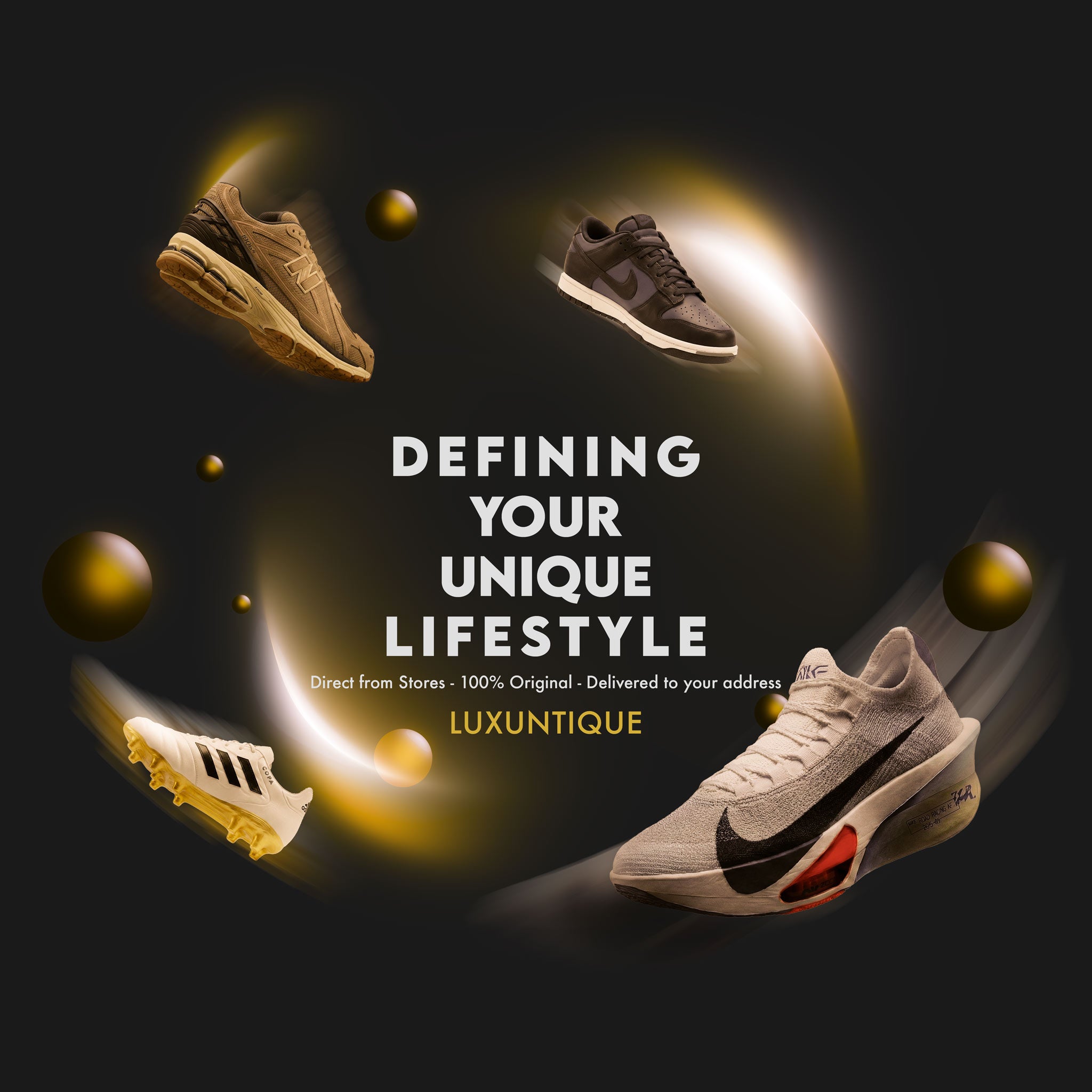 Luxuntique official store banner featuring authentic Nike and New Balance sneakers. Text reads: Defining Your Unique Lifestyle. 100% Original footwear delivered to your address in Sri Lanka.