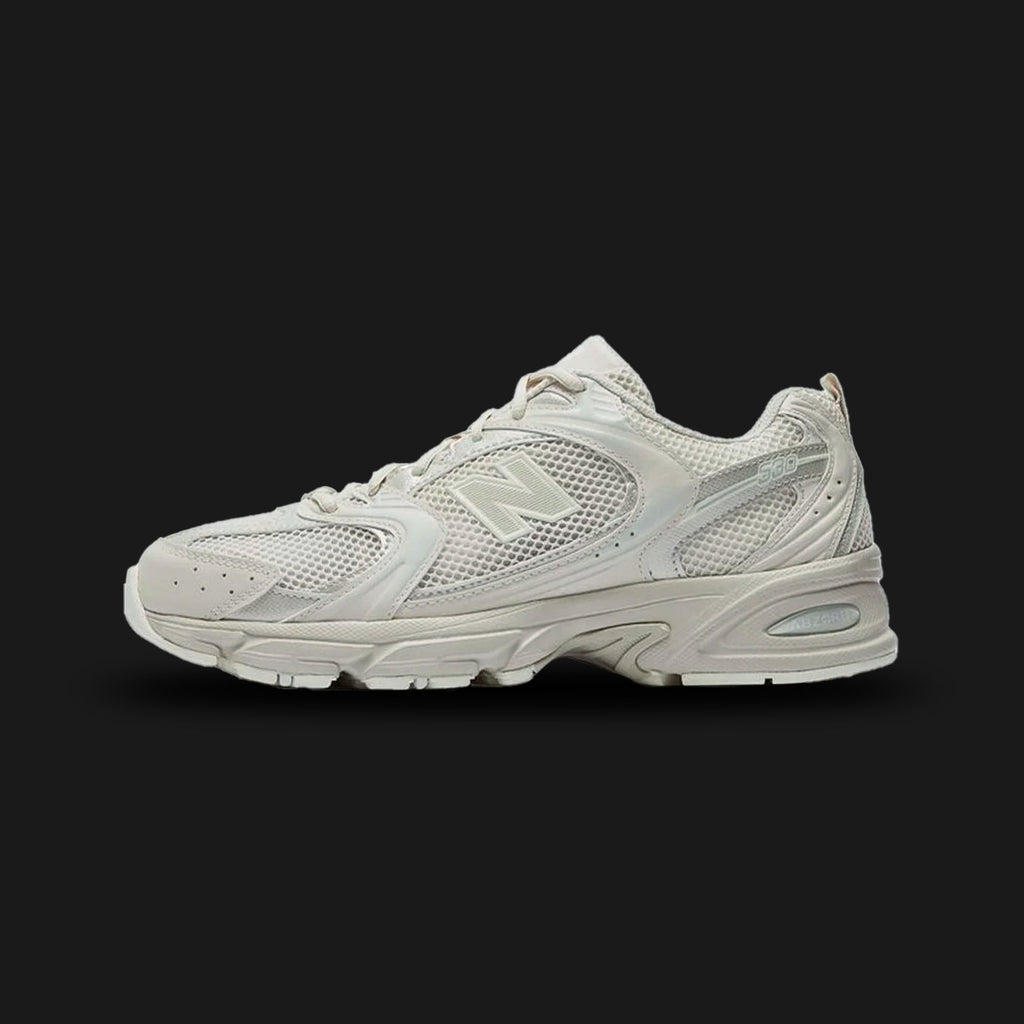New Balance 530 shoes in Moonbeam and Sea Salt (MR530AA1). Features a vintage 90s-inspired mesh upper with premium leather overlays, a classic N logo, and an ABZORB cushioned midsole for all-day impact absorption. Luxuntique guarantees 100% authentic "New Balance" footwear in Sri Lanka.