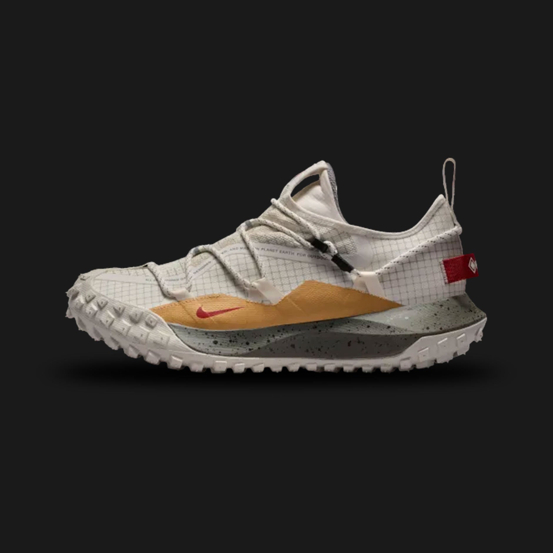 Nike ACG Mountain Fly 2 Low GORE-TEX in Phantom Gray, Deep Red, and Matte Olive Green (Design Code: IQ9789-062). Featuring a waterproof GORE-TEX membrane, a semi-gusseted tongue, and a mountain-inspired lugged rubber outsole for superior traction. Luxuntique offers 100% authentic Nike ACG gear at the lowest price in Sri Lanka.