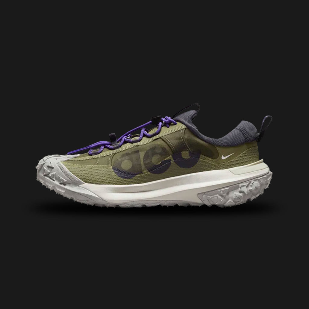 Nike ACG Mountain Fly 2 Low in Neutral Olive, Action Grape, and Light Orewood Brown (Design Code: DV7903-200). Featuring a mountain-inspired lugged rubber outsole, a lightweight foam midsole for comfort, and a breathable, durable upper with ACG branding. Luxuntique offers 100% authentic Nike All Conditions Gear at the lowest price in Sri Lanka.
