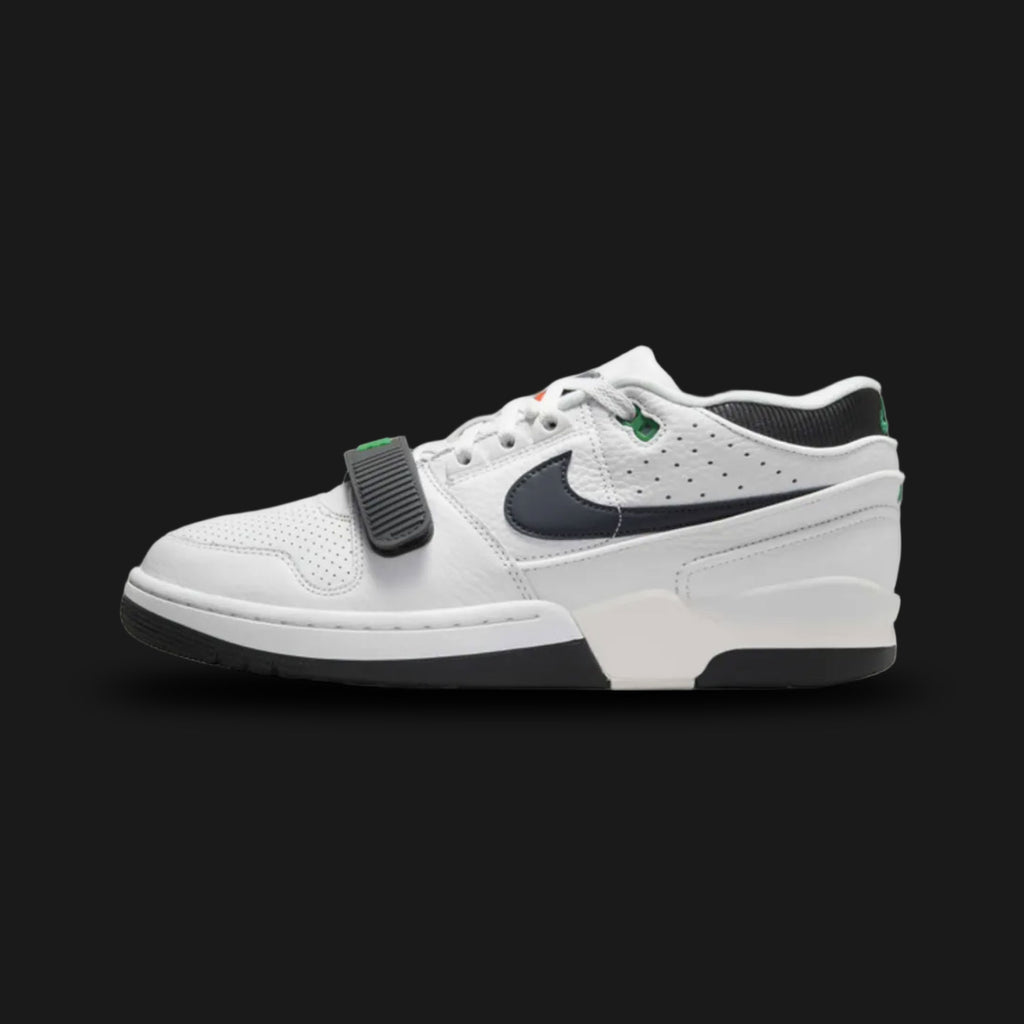 Nike Air Alpha Force 88 retro basketball shoes in Platinum Tint, Phantom, Malachite, and Anthracite (Design Code: DZ4627-001). Featuring a premium, layered leather upper in Platinum Tint and Phantom with classic toe-box perforations. Defined by its iconic adjustable forefoot lockdown strap and ribbed ankle collar. Accented with striking Malachite green details on the Swoosh and outsole, plus Anthracite dark grey branding, all resting on a durable cupsole with Air cushioning. Luxuntique offers 100% authentic