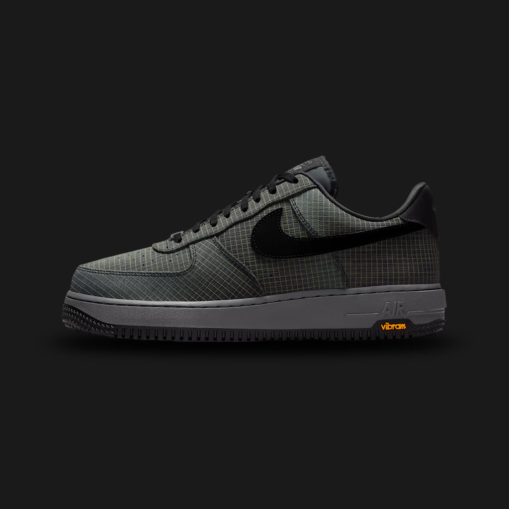 Nike Air Force 1 '07 LX Vibram® shoes in Pencil Point, Off-Noir, Speed Yellow, and Black (IH1943-001). Features a premium mixed-material upper in muted Pencil Point and Off-Noir, contrasted by bold Speed Yellow accents. Upgraded with a rugged, high-traction Vibram® rubber outsole for extreme outdoor durability, alongside hidden Nike Air cushioning. Luxuntique offers 100% authentic Nike in Sri Lanka.