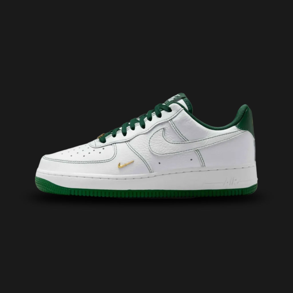 Nike Air Force 1 '07 Mini Jewel in White, Metallic Gold, and Gorge Green (IB6543-102). Features a premium white leather upper with a raised Metallic Gold jewel Swoosh and deep Gorge Green accents on the heel and tongue. Iconic chunky AF1 midsole with Air cushioning. Luxuntique offers 100% authentic Nike footwear in Sri Lanka.