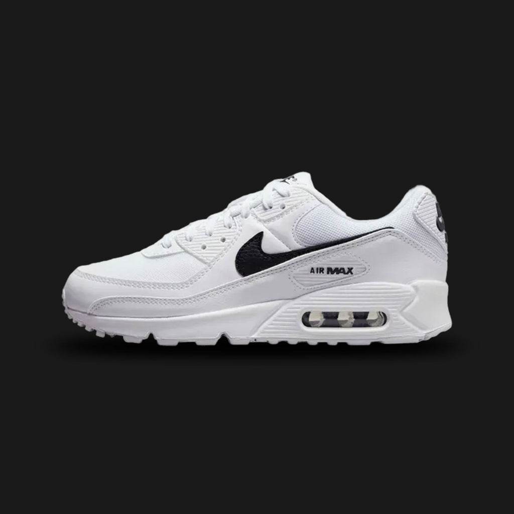 White Nike Air Max 90 sneaker with black Nike logo (Design code: NKDH8010-101). Luxuntique offers 100% authentic Nike Air Max sneakers at the lowest prices in Sri Lanka.