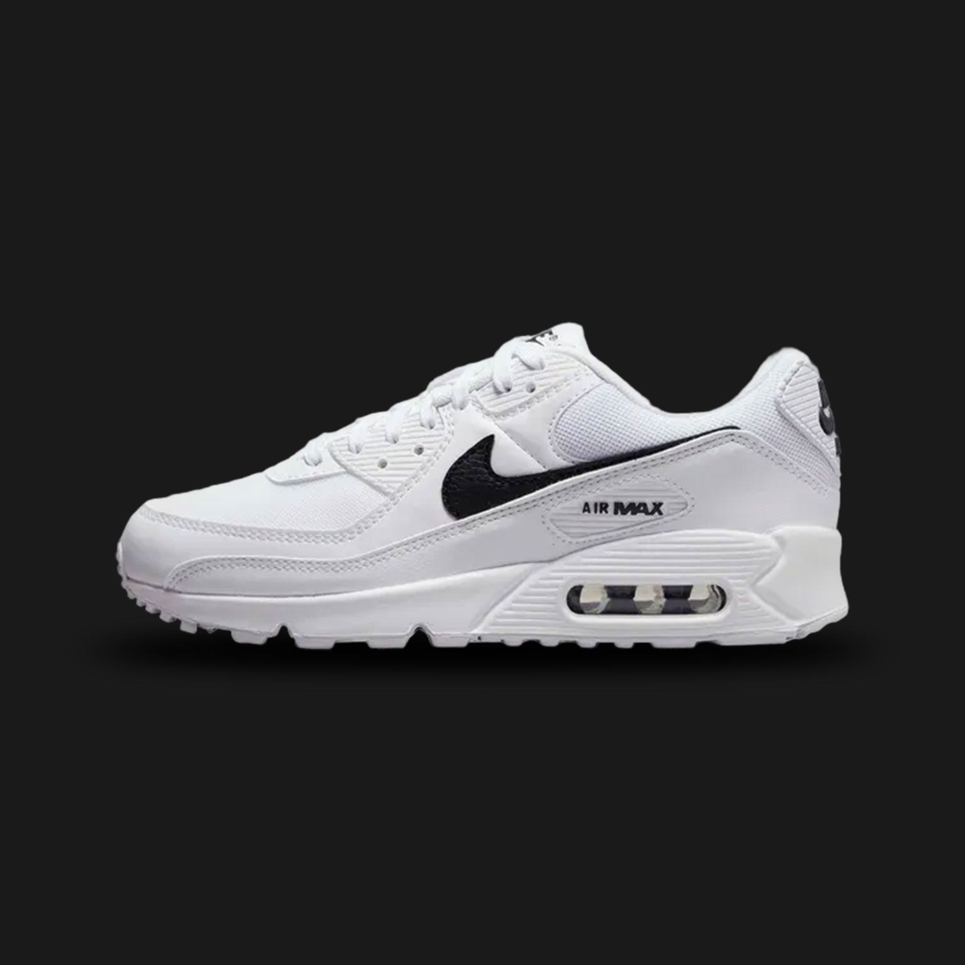 White Nike Air Max 90 sneaker with black Nike logo (Design code: NKDH8010-101). Luxuntique offers 100% authentic Nike Air Max sneakers at the lowest prices in Sri Lanka.