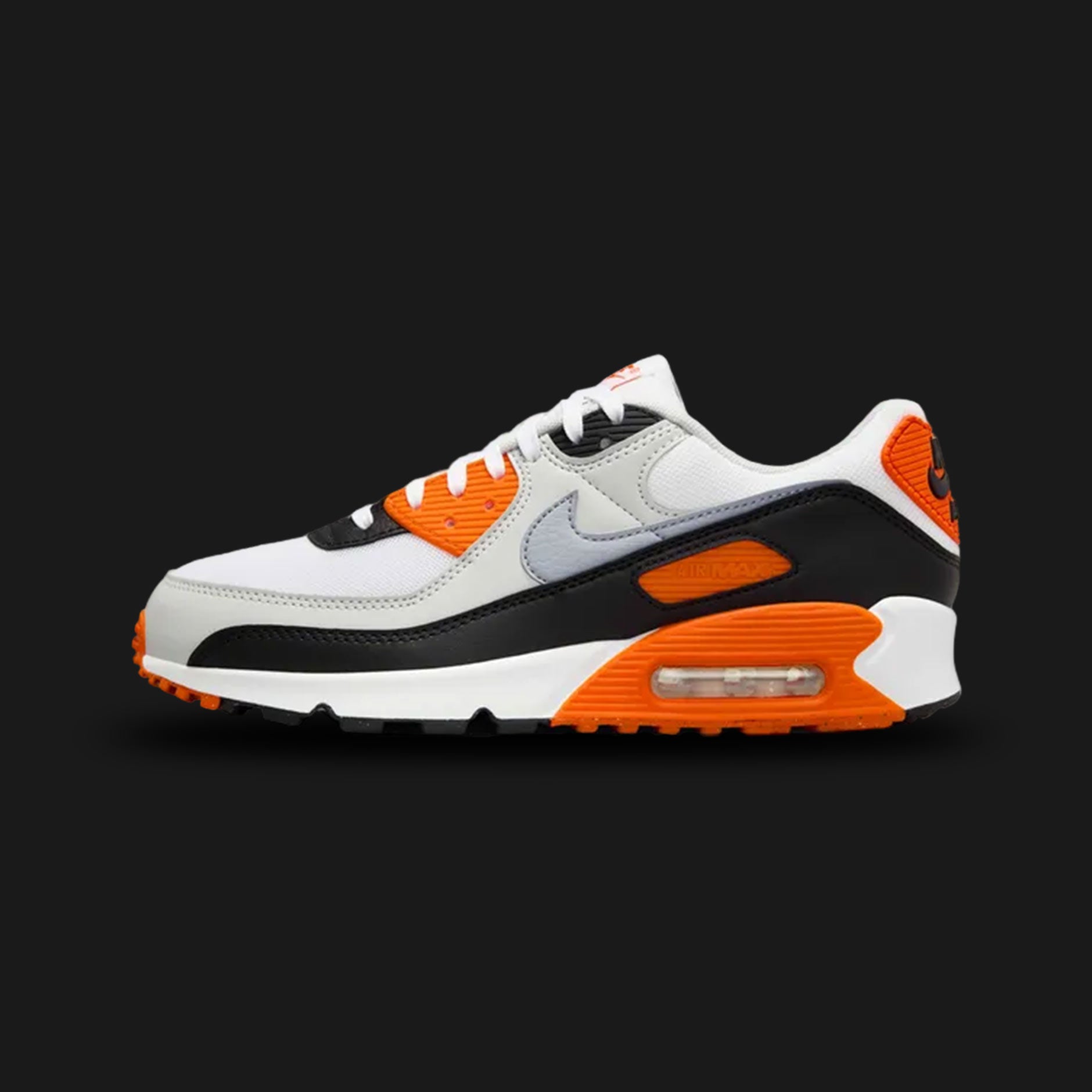 White Nike Air Max 90 sneaker with orange and black accents (Design code: NKDH8010-108). Luxuntique offers 100% authentic Nike Air Max sneakers at the lowest prices in Sri Lanka.