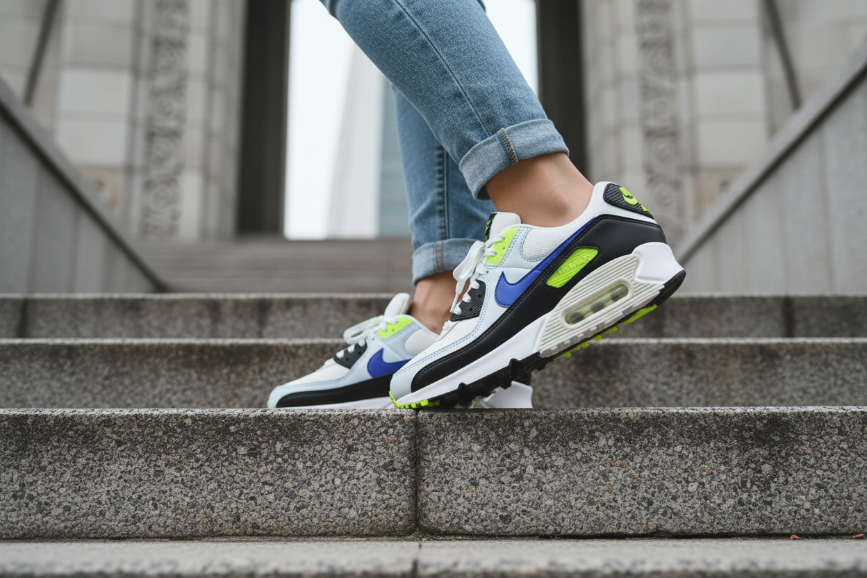 Nike Air Max 90 Women's Blue Volt Lotus Tower Action Shot