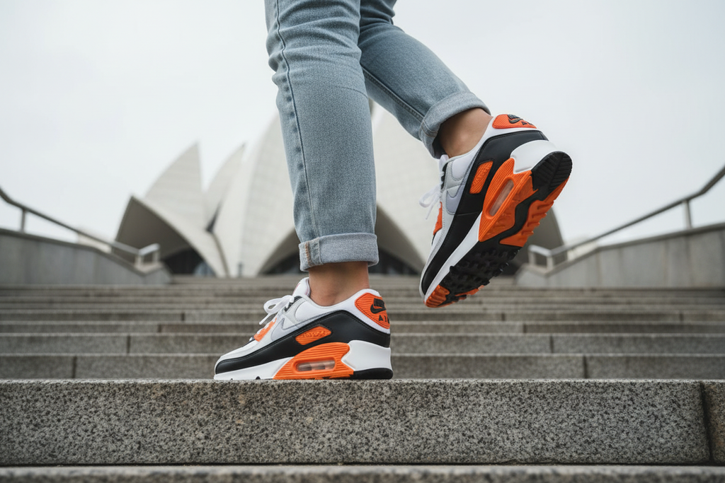 Nike Air Max 90 Women's Orange Lotus Tower Action Shot