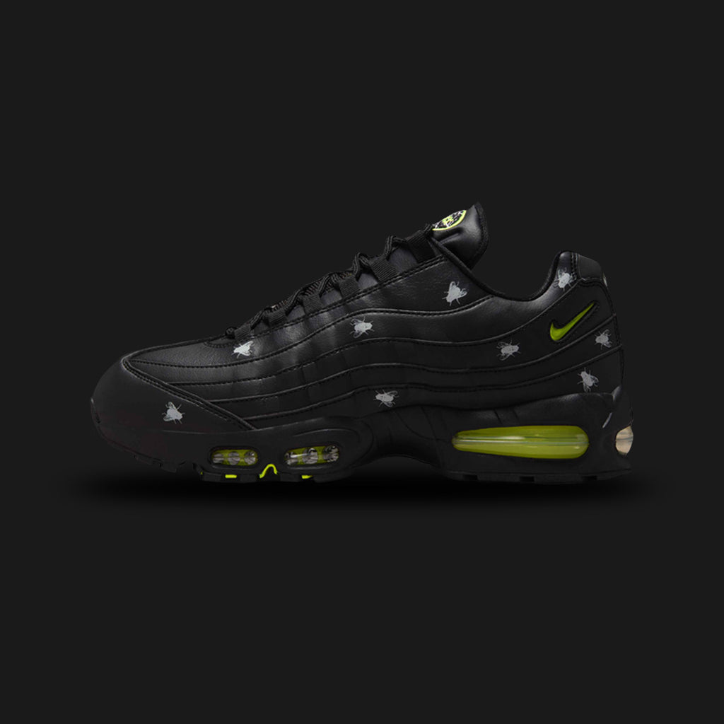 Nike Air Max 95 Premium 'Houseflies' Big Bubble in Black, Metallic Dark Grey, and Neon Yellow (IM3082-001). Features a wavy, layered upper of breathable mesh and synthetic leather in a descending dark gradient. Includes striking Neon Yellow lace loops, branding, and oversized visible Max Air cushioning units in the black foam midsole. Luxuntique offers 100% authentic Nike in Sri Lanka.