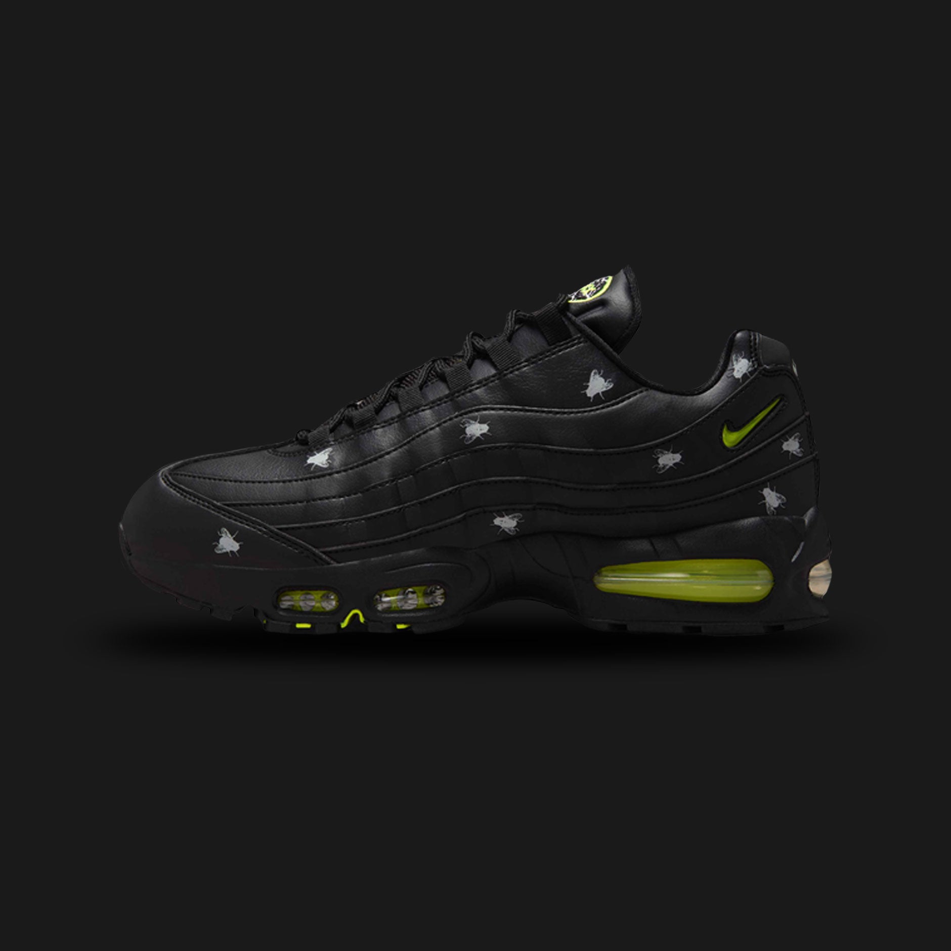 Nike Air Max 95 Premium 'Houseflies' Big Bubble in Black, Metallic Dark Grey, and Neon Yellow (IM3082-001). Features a wavy, layered upper of breathable mesh and synthetic leather in a descending dark gradient. Includes striking Neon Yellow lace loops, branding, and oversized visible Max Air cushioning units in the black foam midsole. Luxuntique offers 100% authentic Nike in Sri Lanka.