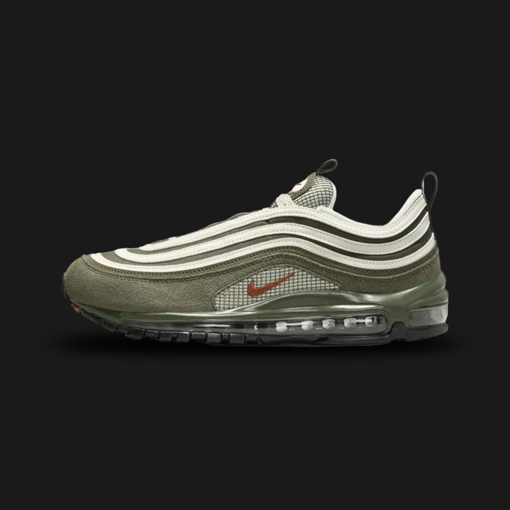Nike Air Max 97 SE sneaker with olive green and white design (Design code: NKFB9619-001). Luxuntique offers authentic Nike Air Max SE at the lowest prices in Sri Lanka.