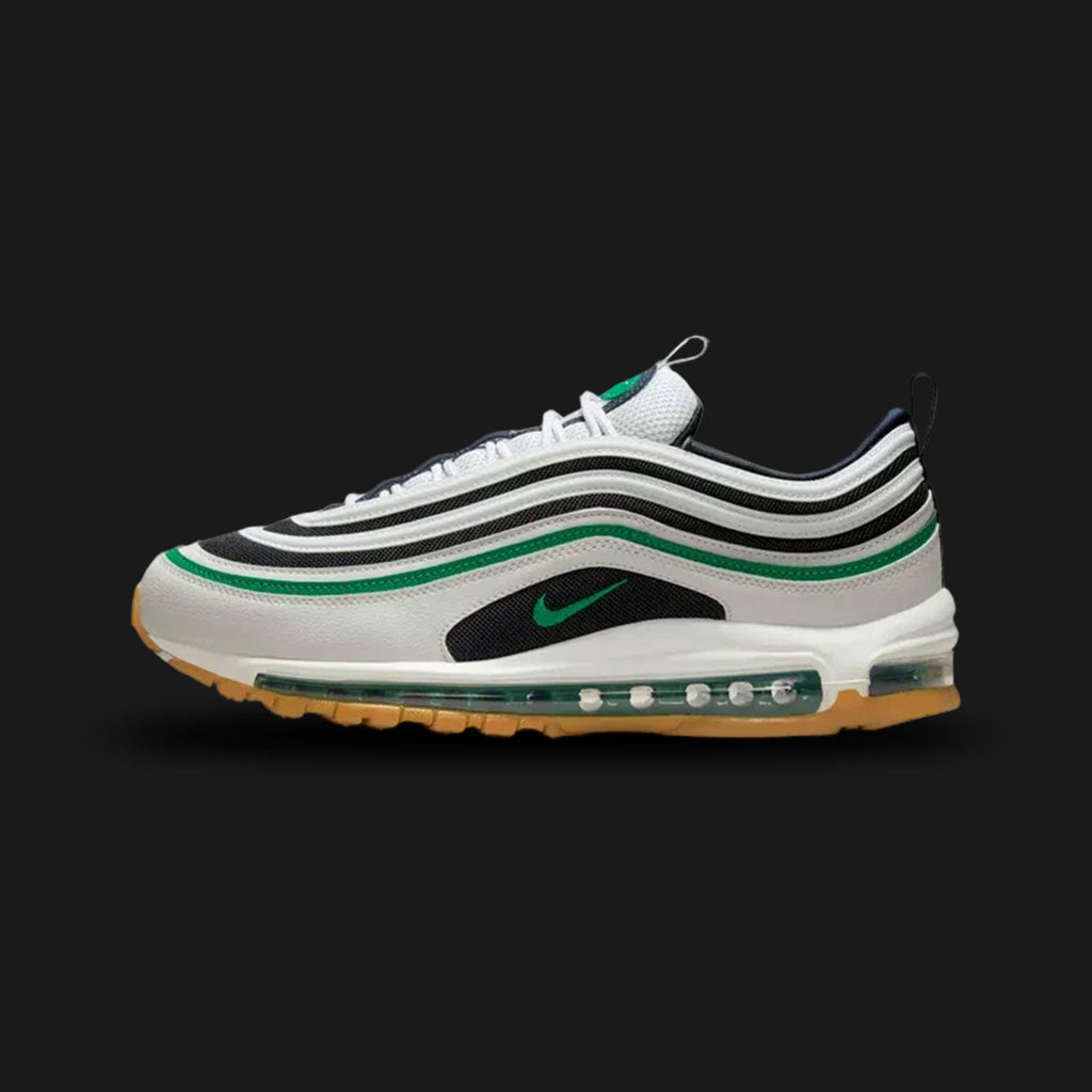 White sneaker Nike Air Max 97 with black and green accents (Design code: NK921826-021). Luxuntique offers 100% authentic Nike Air Max sneakers at the lowest prices in Sri Lanka.