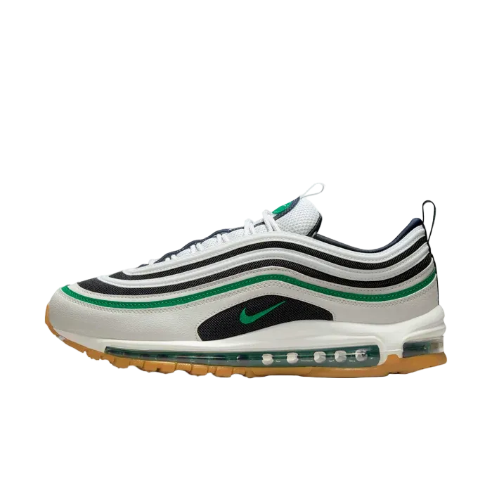 White sneaker Nike Air Max 97 with black and green accents (Design code: NK921826-021). Luxuntique offers 100% authentic Nike Air Max sneakers at the lowest prices in Sri Lanka.