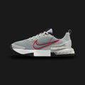 Nike Air Max Alpha Trainer 6 men's workout shoes in Flat Silver, Metallic Silver, Black, and University Red (Design Code: NKFQ1833-011). Featuring a visible Max Air heel unit for cushioning, a wide flat base for stability during heavy lifting, and a breathable mesh upper. Luxuntique offers 100% authentic Nike training sneakers at the lowest price in Sri Lanka.