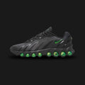Nike Air Max Dn8 shoes in Black, Dark Smoke Grey, and Green Strike (Design Code: IH4119-001). Featuring a sleek Black and Dark Smoke Grey layered mesh upper with engineered slashes, contrasted sharply by vibrant neon Green Strike accents on the branding and sole. Supported by the revolutionary 8-tube Dynamic Air system spanning from heel to toe for unmatched custom cushioning. Luxuntique offers 100% authentic Nike Air Max sneakers at the lowest price in Sri Lanka.