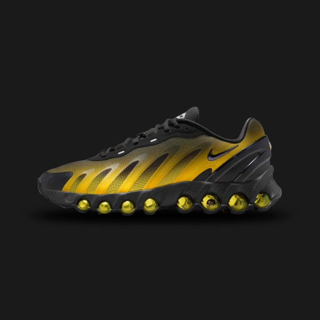 Nike Air Max Dn8 shoes in Black, Varsity Maize, and Anthracite (Design Code: IH4119-006). Featuring a sculpted, lightweight black mesh upper with engineered side slashes for breathability and sleek Anthracite synthetic overlays. Accented with vibrant Varsity Maize yellow details and supported by the revolutionary 8-tube Dynamic Air system spanning from heel to toe for unmatched custom cushioning. Luxuntique offers 100% authentic Nike Air Max sneakers at the lowest price in Sri Lanka.