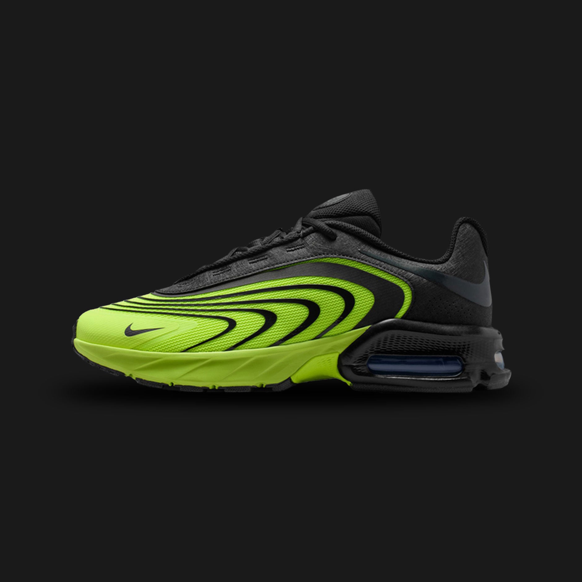 Nike Air Max Fire shoes in Volt, Dark Smoke Grey, and Black (IR0819-700). Features a high-energy, breathable Volt mesh upper with dynamic Dark Smoke Grey and Black synthetic overlays. Includes a bold black foam midsole with a visible Air Max cushioning unit in the heel and a durable rubber outsole for traction. Luxuntique offers 100% authentic Nike footwear in Sri Lanka.