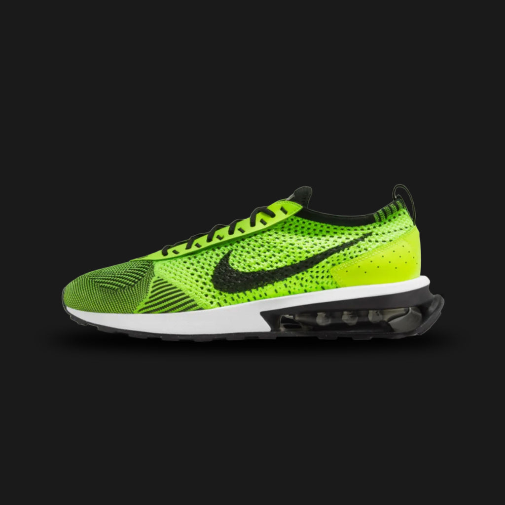 Nike Air Max Flyknit Racer lifestyle shoes in Volt, White, Sequoia, and Black (Design Code: FD4610-700). Featuring a featherweight, highly breathable Flyknit upper intricately woven with vibrant Volt neon yellow and dark Sequoia green yarns for a dynamic, high-contrast aesthetic. Accented with sleek black synthetic leather eyestays and a crisp White Swoosh. Supported by a modernized foam midsole featuring a cored-out, visible Air Max heel unit for supreme cushioning. Luxuntique offers 100% authentic Nike Ai