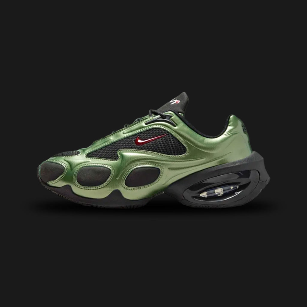 Nike Air Max Muse women's shoes in Black, Oil Green, and Metallic Silver with University Red accents (Design Code: FV1920-004). Featuring a visible Air Max unit for responsive cushioning, a layered mesh and synthetic upper for a retro-tech look, and a durable rubber outsole. Luxuntique offers 100% authentic Nike Air Max sneakers at the lowest price in Sri Lanka.