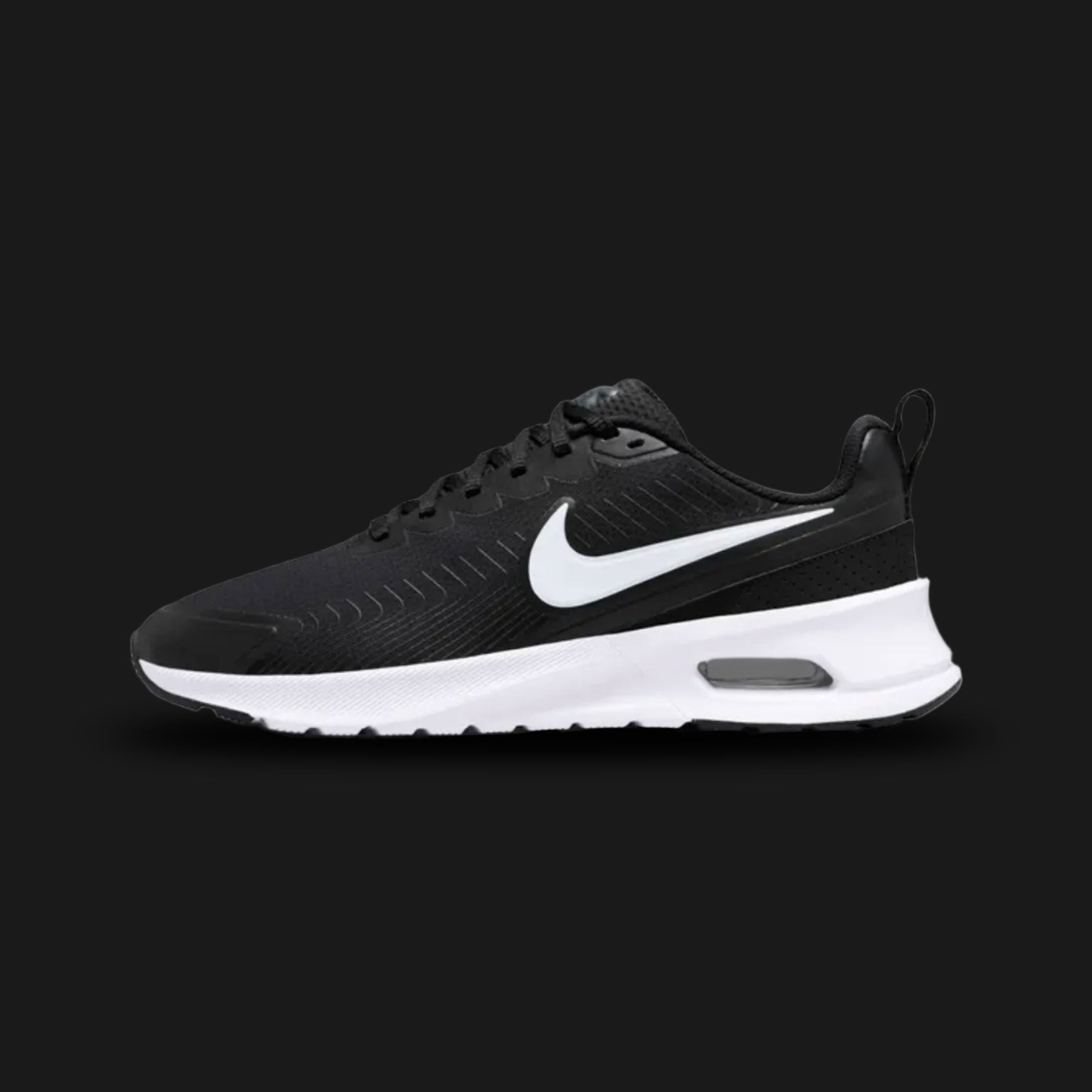 Nike Air Max Nuaxis everyday lifestyle shoes in Black and White (Design Code: FD4329-001). Featuring a highly breathable black mesh upper reinforced with durable, sleek black synthetic overlays. Contrasted sharply by a crisp white Nike Swoosh and a matching white foam midsole. Supported by a visible Max Air unit in the heel for reliable daily cushioning. Luxuntique offers 100% authentic Nike Air Max sneakers at the lowest price in Sri Lanka.