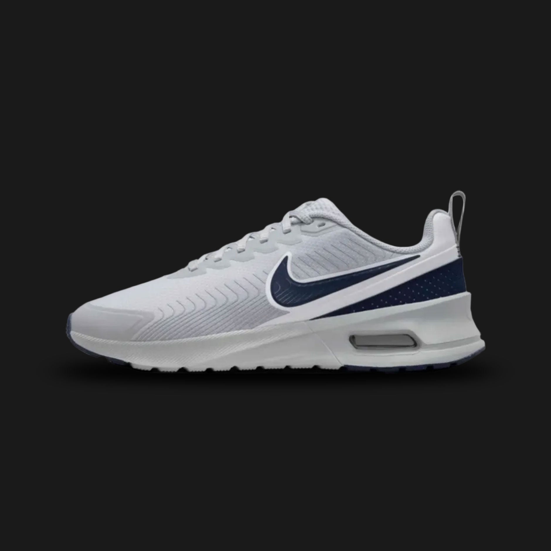 Nike Air Max Nuaxis everyday lifestyle shoes in Light Smoke Grey, Cyber, White, and Obsidian (Design Code: FD4329-003). Featuring a highly breathable Light Smoke Grey mesh upper with durable synthetic overlays. Accented by deep Obsidian navy details and a vibrant Cyber neon yellow Swoosh, sitting on a crisp white foam midsole. Supported by an intuitive, visible Max Air unit in the heel inspired by the Air Max 270 for reliable daily cushioning. Luxuntique offers 100% authentic Nike Air Max sneakers at the lo