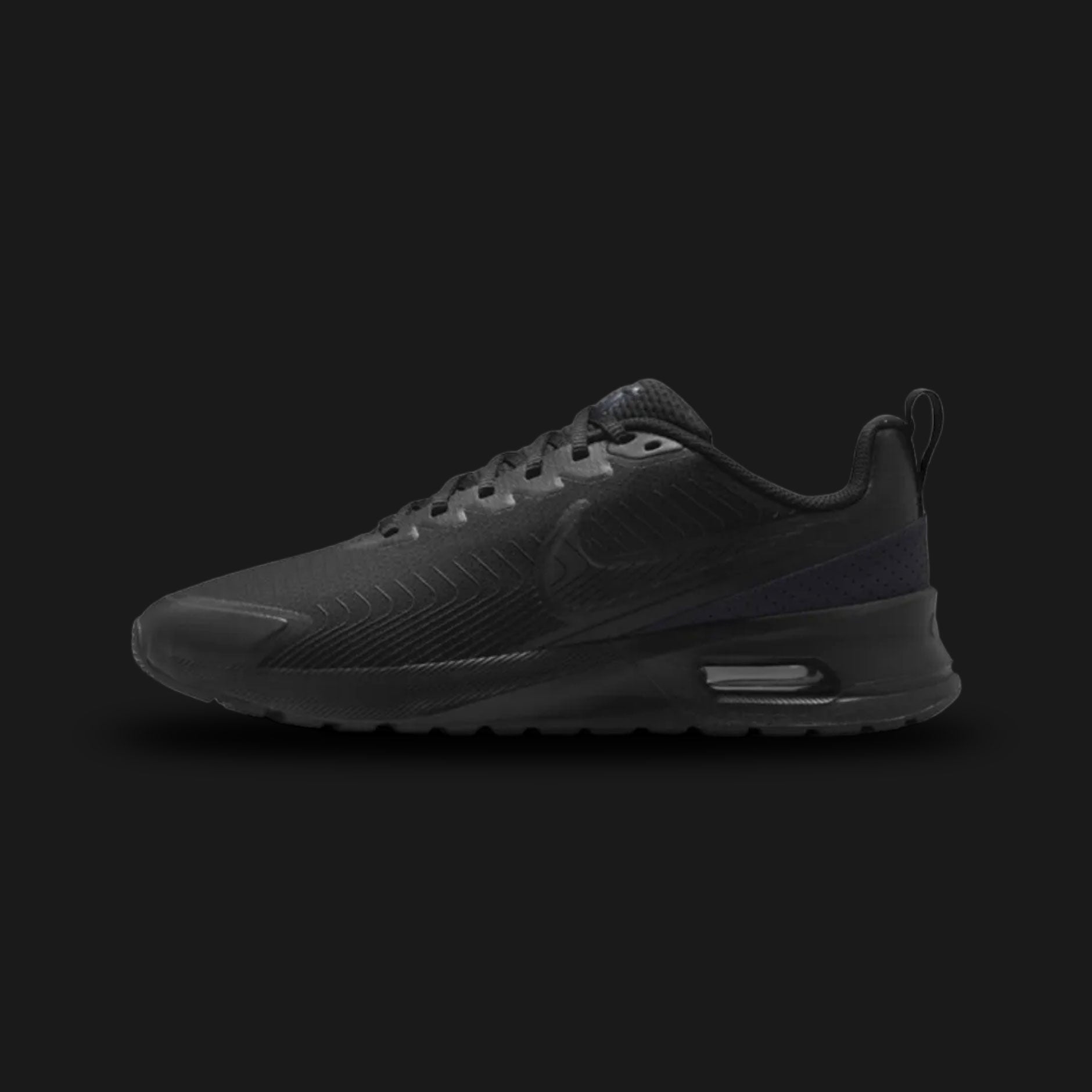 Nike Air Max Nuaxis everyday lifestyle shoes in Black and Anthracite (Design Code: FD4329-004). Featuring a stealthy, all-black breathable mesh upper reinforced with durable Anthracite synthetic overlays for lightweight structural support. Finished with a matching black foam midsole and supported by a visible Max Air unit in the heel for reliable daily cushioning. Luxuntique offers 100% authentic Nike Air Max sneakers at the lowest price in Sri Lanka.