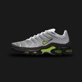 Nike Air Max Plus shoes in White, Pearl Grey, Black, and Neon Yellow (IQ0288-100). Features a breathable White and Pearl Grey mesh upper encased in the iconic wavy TPU overlays inspired by palm trees. Includes high-voltage Neon Yellow branding accents, visible Tuned Air (TN) cushioning units housed in a Black foam midsole, and a prominent midfoot arch. Luxuntique guarantees 100% authentic Nike footwear in Sri Lanka.