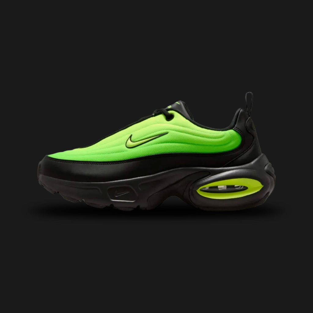 Nike Air Max Portal in Black, Green Strike, and Volt (HF3053-013). Features a breathable black mesh upper with wavy synthetic overlays, a thick sculpted foam midsole, and visible Air Max cushioning in the heel. Accented by vibrant neon Green Strike branding and Volt details.