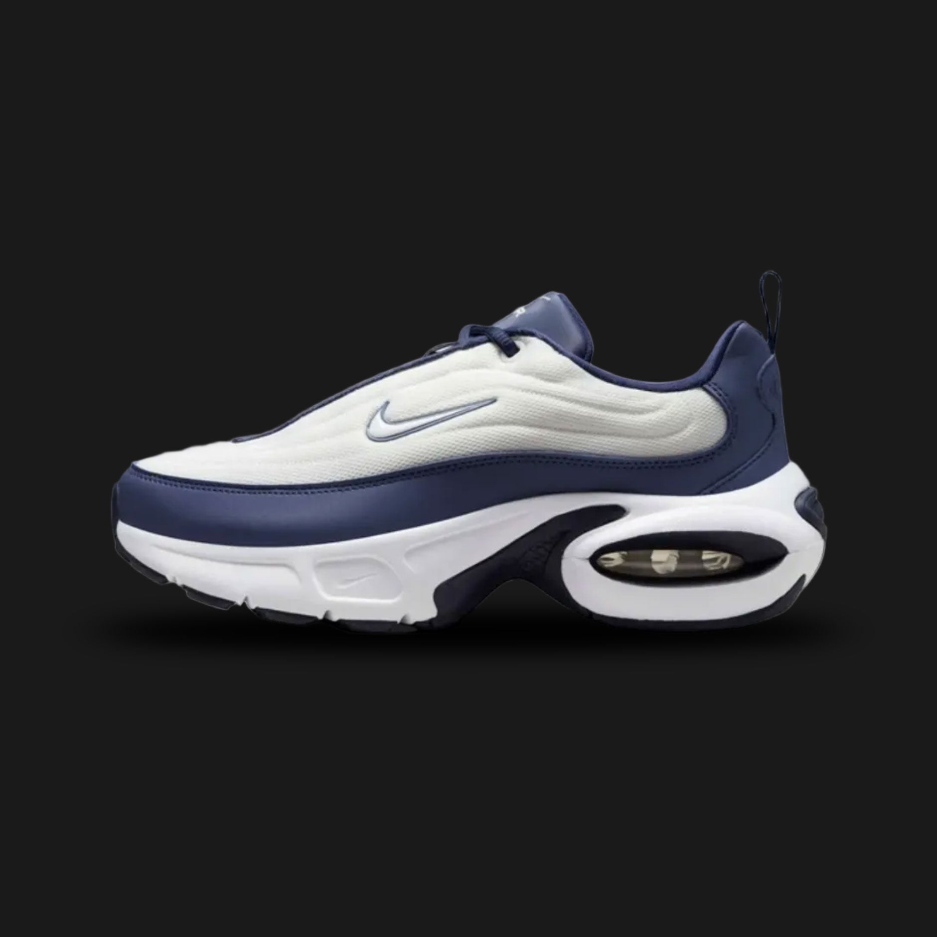 Nike Air Max Portal in Midnight Navy and Summit White (HF3053-400). Features a breathable Midnight Navy mesh upper with wavy synthetic overlays and a chunky Summit White sculpted foam midsole. Includes visible Air Max cushioning in the heel. Luxuntique offers 100% authentic Nike footwear in Sri Lanka.